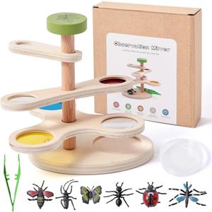 Insect Observation Kit for Kids, Multi-Magnification Rotating Viewer with Color Filters, Wooden STEM Nature Exploration Science Toy with Tweezers, Petri Dish and 6 Insect Models, Gift for Ages 4-8