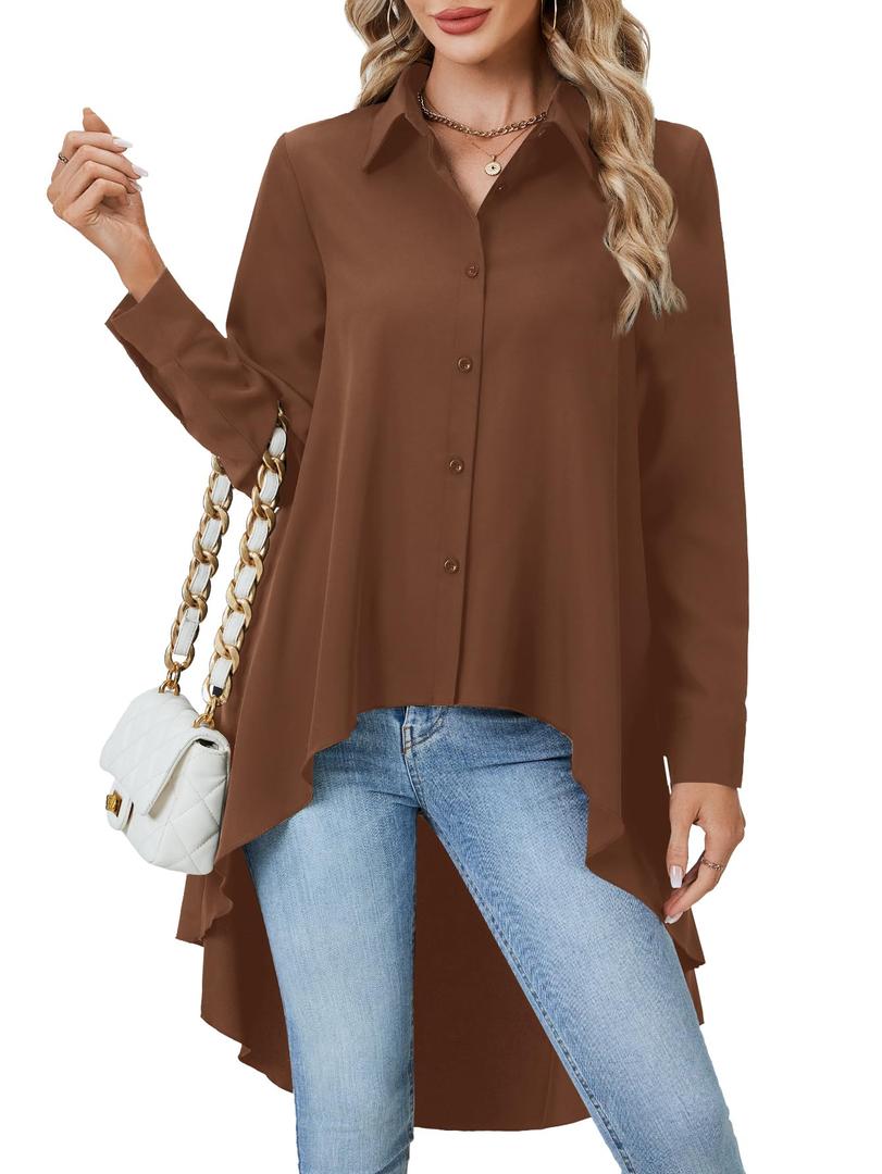 OPOIPIN Women's Button Down Shirt Asymmetrical High Low Hem Blouse V Neck Long Sleeve Tunic Tops Brown Small (S)