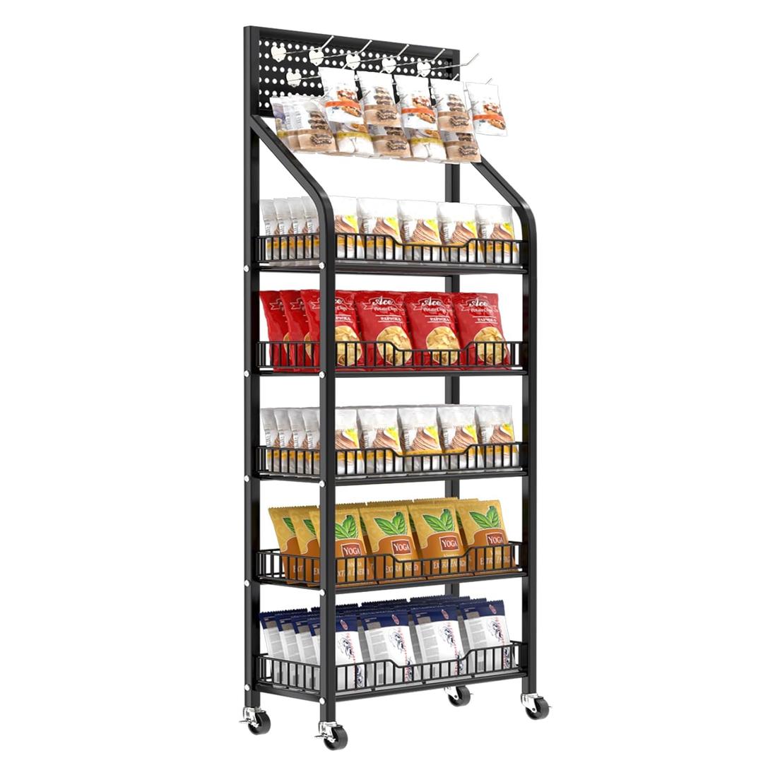 5 Tier Snack Rack Display Stand, Metal Retail Display Rack with Wheels and 15 Hooks, Snack Cart Organizer for Supermarkets Convenience Stores Home Kitchens (Black)