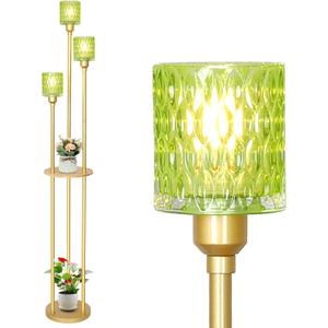 HMVPL Vintage Floor Lamp with Shelves, Gold Floor Lamp with Table, Mid Century Standing Lamp with Green Glass Shade, On/Off Switch, Boho Corner Lamp for Living Room, Brass Tall Lamp for Bedroom Office