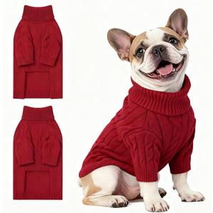 Small Dog Thermal Pullover Sweater, Classic Turtleneck Cable Knitwear Dog Clothes for Cold Weather Warm Pet Clothes for Chihuahua, Bulldog, Dachshund, Pug Red Large 