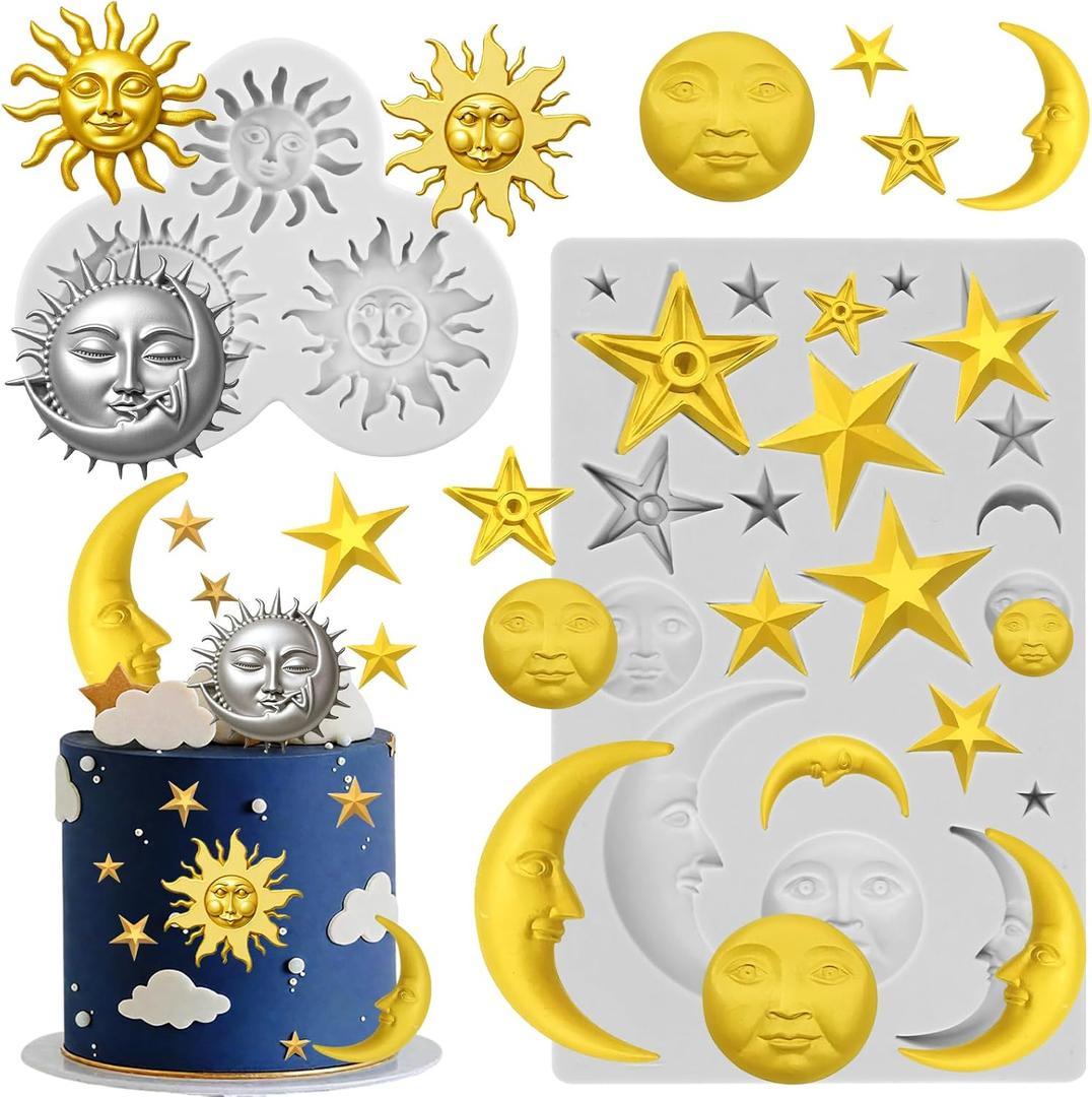 Sun Face Moon Star Silicone Molds 2Pcs Star Fondant Cake Mold Ramadan Eid Mubarak Chocolate Molds Sun Candy Polymer Clay Mold for Baking Craft Gum Biscuits Mousse (Gray)