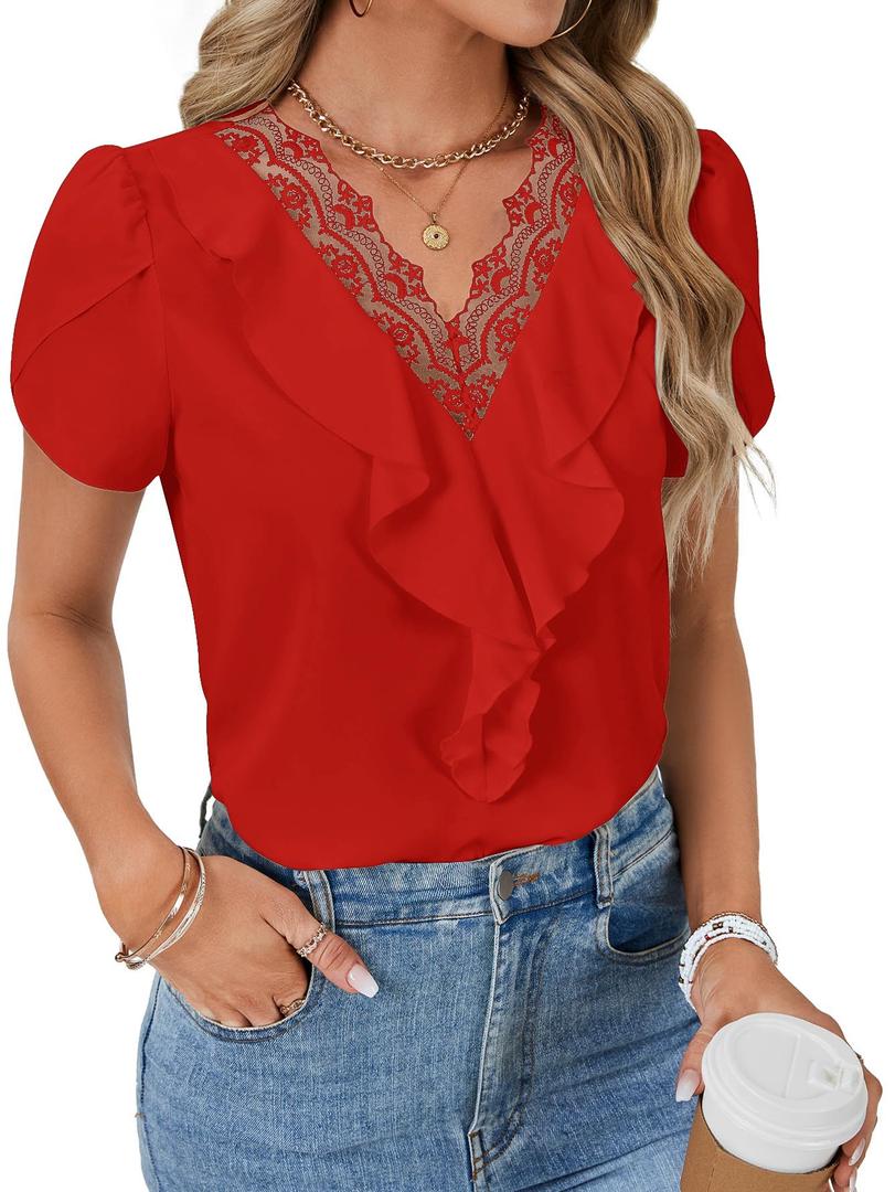 Vrtige Women's Elegant Lace V Neck Petal Short Sleeve Ruffle Work Chiffon Blouse Shirt Top Red X-Small (XS)