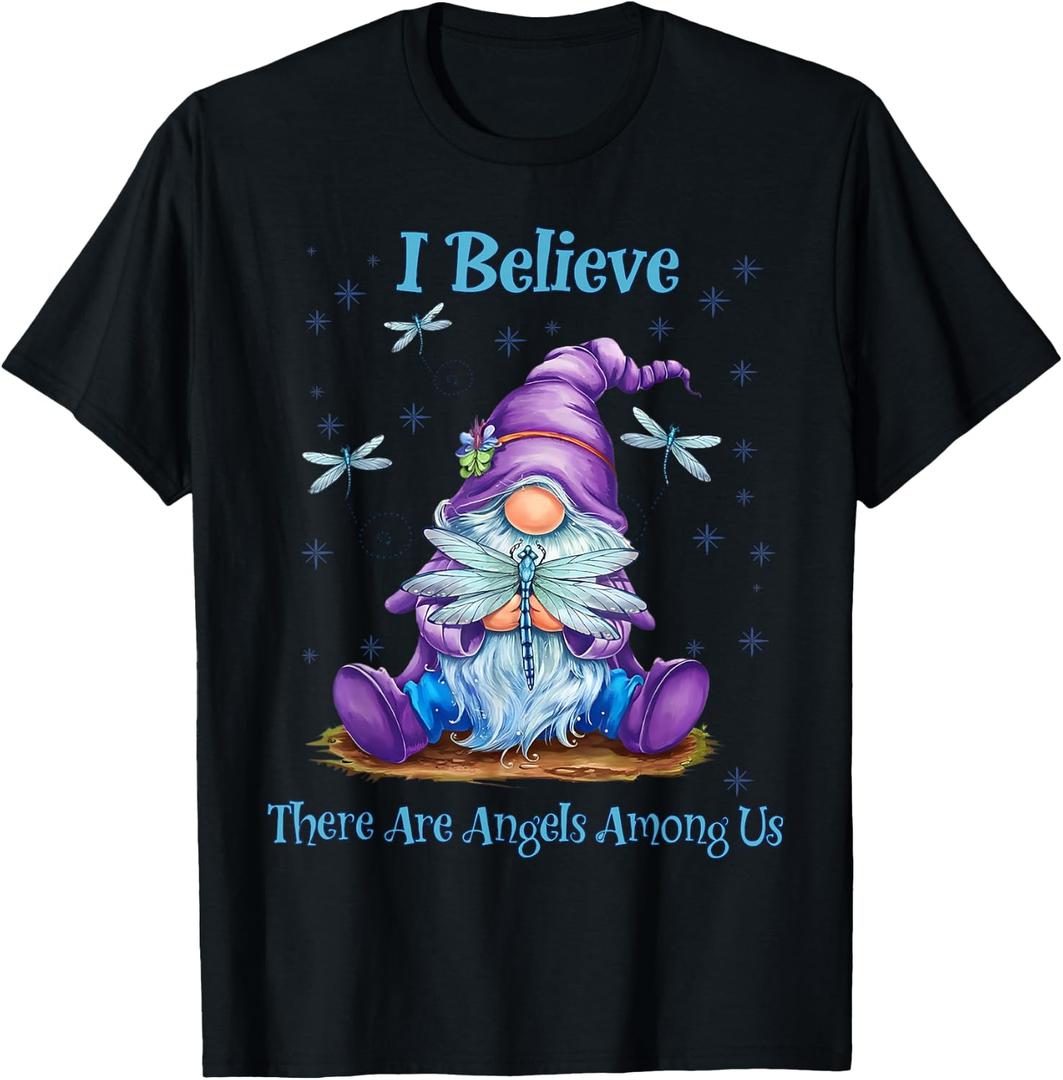 Gnome I Believe There are Angels Among Us Dragonfly T-Shirt (Black, XXL)