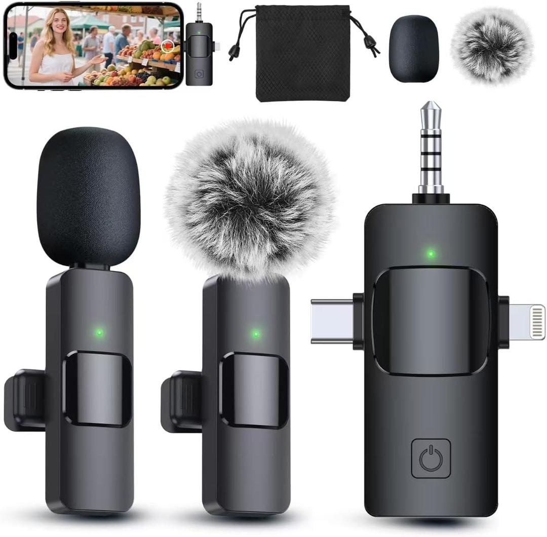 PQRQP 3 in 1 Professional Wireless Lavalier Microphone for iPhone, Android, Camera, Wireless Microphones, Mini Microphone, Crystal Clear Sound Quality for Recording, Live Streaming, Microphone Clips (Elegant Black)