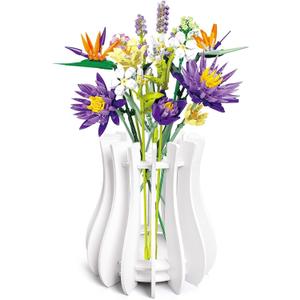 Wooden Vase Kit for Lego Roses Cherry Blossom Sunflower Tulips Daffodils Lotus Cute Flower Vase for Lego Bouquet Arrangement Home Decoration for Women Adults(White)