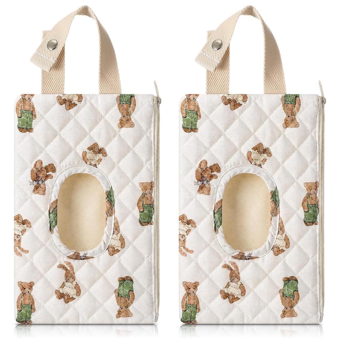 2 Pcs Bear Quilted Diaper and Wipes Pouch Portable Hanging Bear Wet Wipe Bag with Handle Reusable Wipes Pouch for New Parents Stroller Car Shower Nursery Travel Infant Diapering Organizer