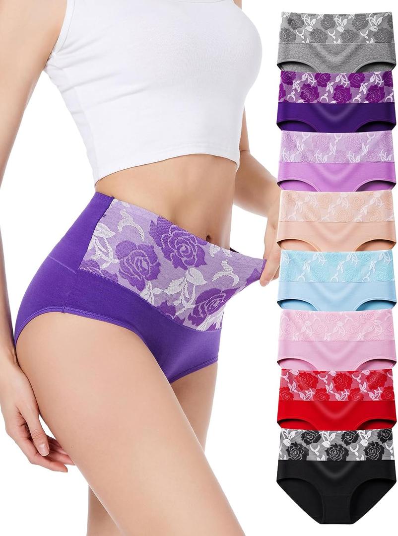 HAVVIS Women's Briefs Underwear Cotton High Waist Tummy Control Panties Rose Jacquard Ladies Panty Multipack (XL)