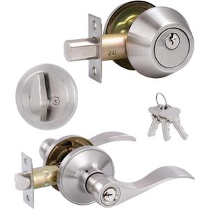 (Pack of 1) Keyed Alike Front Door Lever Lockset with Single Cylinder Deadbolt Combination Set, Wave Style Lever, Front Door/Exterior Door Knob with Lock and Deadbolt, Satin Nickel Finished