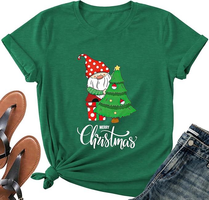 Merry Christmas Shirts for Women - Xmas Bow Short Sleeve Festive Holiday Pink Ribbon Tee Tops, Green, XL