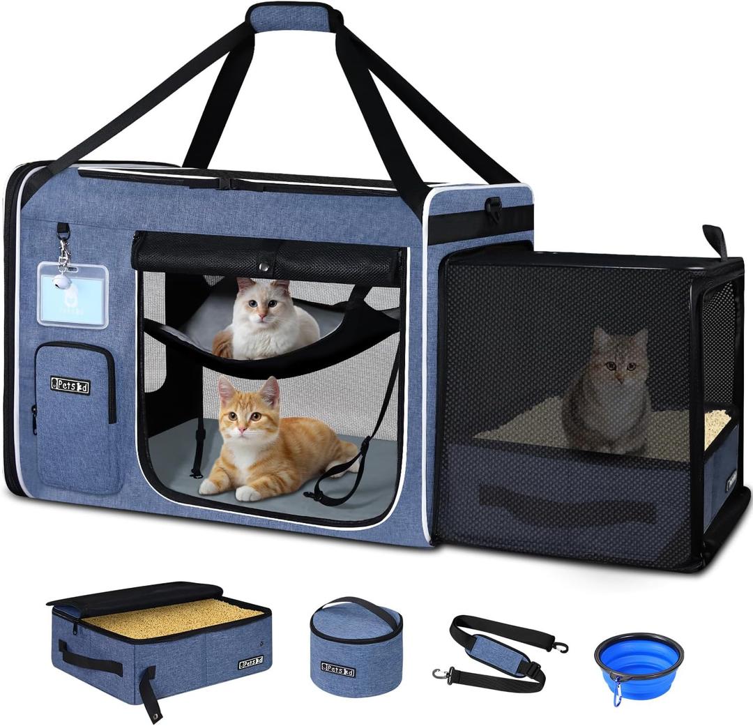 Side Expandable Extra Large Cat Carrier with Litter Box Area for Long Distance Car Travel, 24"x17"x17" Collapsible Soft-Sided Large Pet Carrier with Zipper Locks for 2 Cats Under 55LBS(Blue)