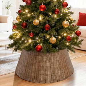 Christmas Tree Collar, 31" Hand-Woven Hyacinth Xmas Tree Collar for Artificial Trees, Rattan-Effect Christmas Tree Stand Base Cover, Christmas Tree Skirt for Holiday, Home Living Room Decoration (Brown)