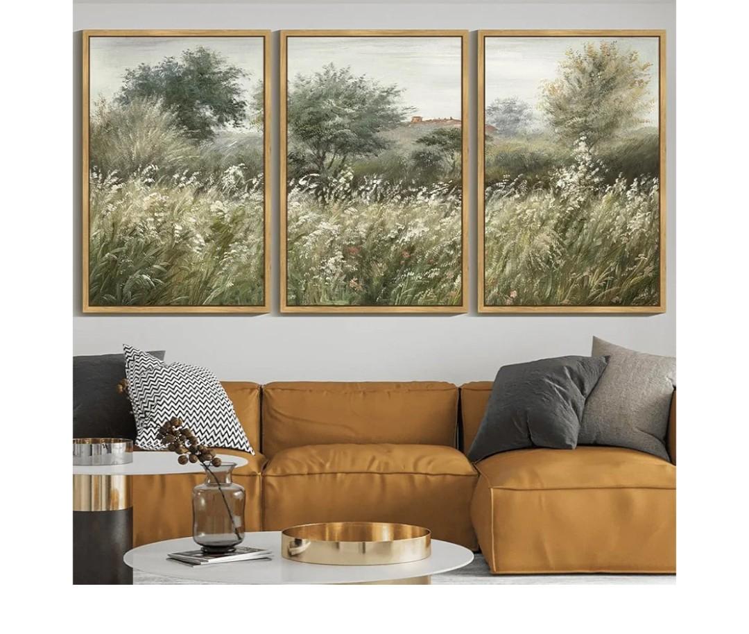SHENIFY Vintage Landscape Framed Wall Art Meadow Scenery Farmhouse Decor Retro Painting for Living Room Bedroom Ready to Hang Wall Artwork - 24x36in, 3 Pcs Natural Framed
