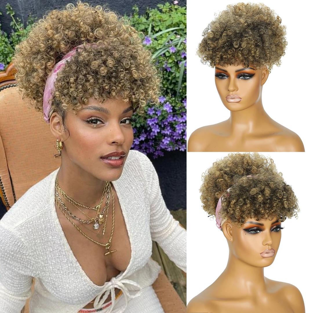 Afro Puff Drawstring Ponytail with Bangs,Short Blonde Kinky Curly Synthetic Blonde Pony Tails Hair Extensions Drawstring Ponytail for Black Women Hair Bun Fluffy Updo for Daily and Party Use 1B/27