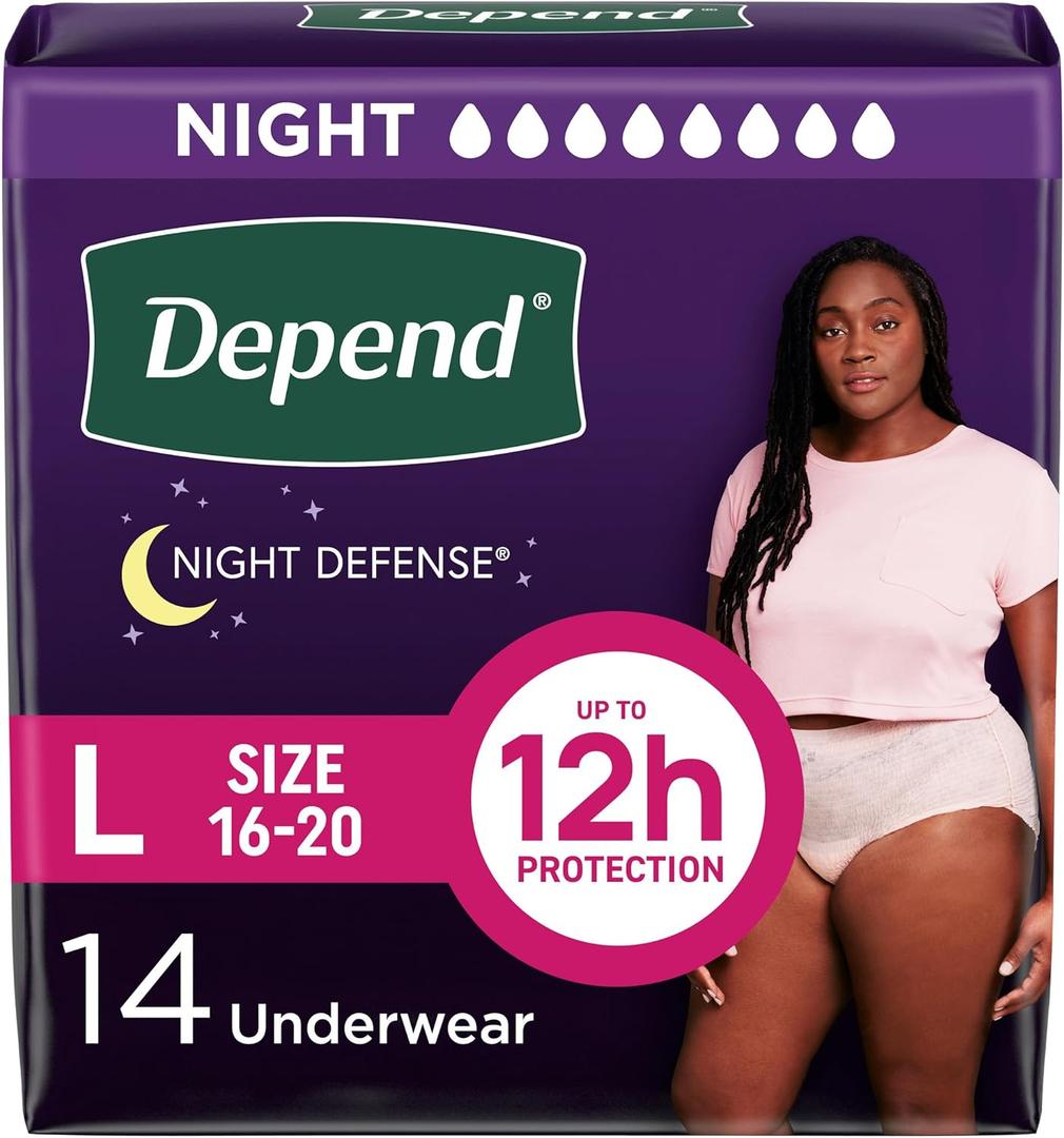 Depend Night Defense Adult Diapers, Incontinence & Postpartum Bladder Leak Underwear for Women, Disposable, Overnight, Large, Blush, 14 Count