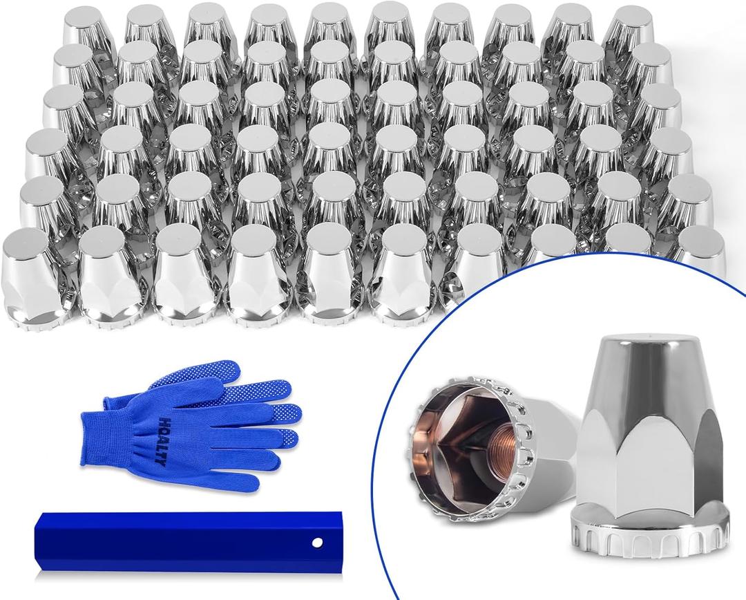 60Pcs Lug Nut Covers 33mm Flat Top Thread-on Nut Covers for Semi Trucks ABS Chrome Plastic Nut Covers with 1 Pair of Gloves and 1 Cover Puller