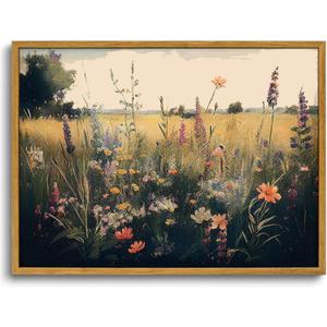 KISSFOX Vintage Wildflower Field Canvas Wall Art Spring Farmhouse Landscape Floral Framed Wall Art Rustic Cottagecore Colorful Botanical Art Prints Artwork For Living Room Bedroom Kitchen (8x10 in)