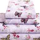 Paisley Floral Bed Sheets Queen Set, Purple Flower Printed Sheets for Queen Size Bed, Microfiber Fitted Sheet with 15" Deep Pocket and Corner Straps, Butterfly Patterned Sheet & Pillowcase Sets