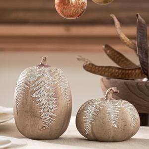 DN DECONATION 2-Pack Fall Pumpkin Decorations for Home, Faux Pumpkins for Decorating, Rustic Brown Resin Pumpkins Decor with Carved Leaves  Thanksgiving Table Centerpiece, Modern Farmhouse Fall Decor