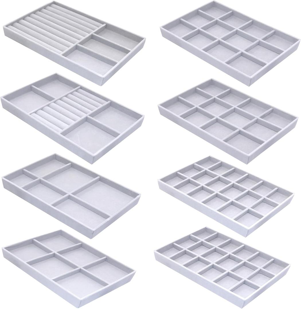 X-Large 8 PCS Jewelry Trays Organizer Stackable Velvet Earring Organizer Jewelry Drawer Organizer Display Tray for Earring Ring Watch Bangle Bracelet Necklace (Grey)
