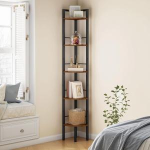 Tajsoon Narrow Corner Shelf Stand 5 Tier 66.5" Industrial Corner Ladder Shelves with Metal Frame, Multipurpose Tall Corner Bookshelf Bedroom, Living Room, Office, Kitchen, Rustic Brown