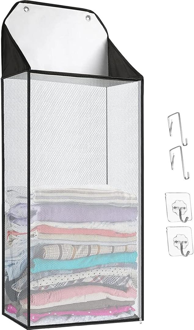 MaxGear Cesta colgante para colgar sobre la puerta con 2 tipos de ganchos y cremallera lateral, cesta de lavandera para colgar en la pared para bao, armario, dormitorio, organizador de ropa sucia de (Negro)