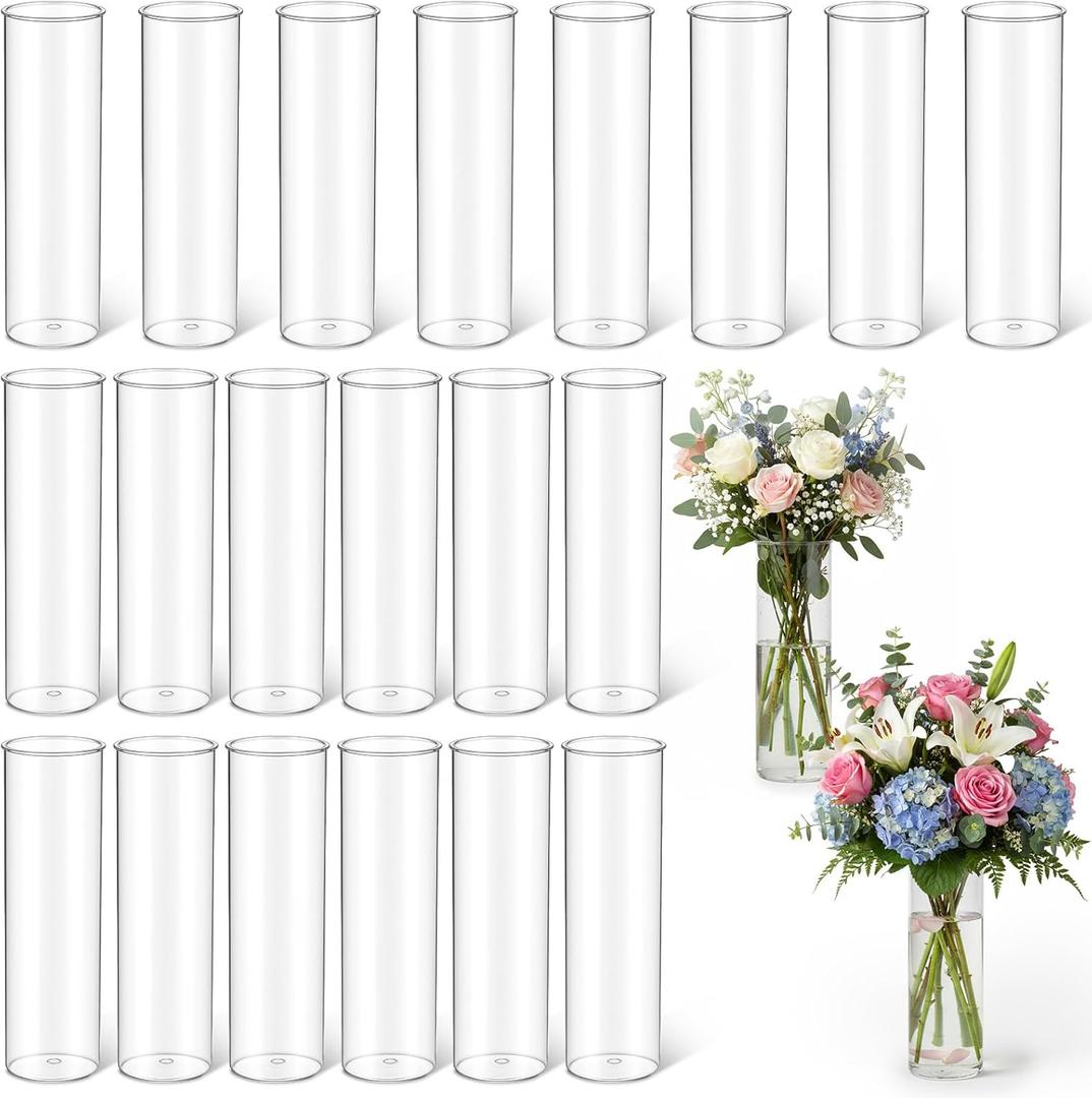 Molain 20 Pcs Plastic Small Cylinder Vases, 7" Tall x 2.1" Diameter Cylinder Vase for Centerpieces MultiUse Flower Vase Bulk Small Clear Flower Container for Wedding Bridal Shower Birthday Living Room