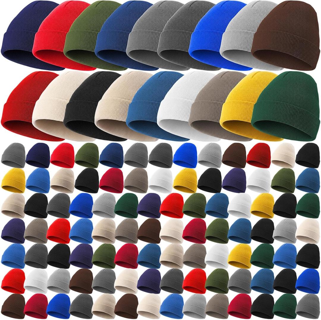Suhine 100 Pcs Bulk Winter Beanie for Men Women Warm Knitted Hats Cuffed Skull Cap Beanie for Homeless Donation