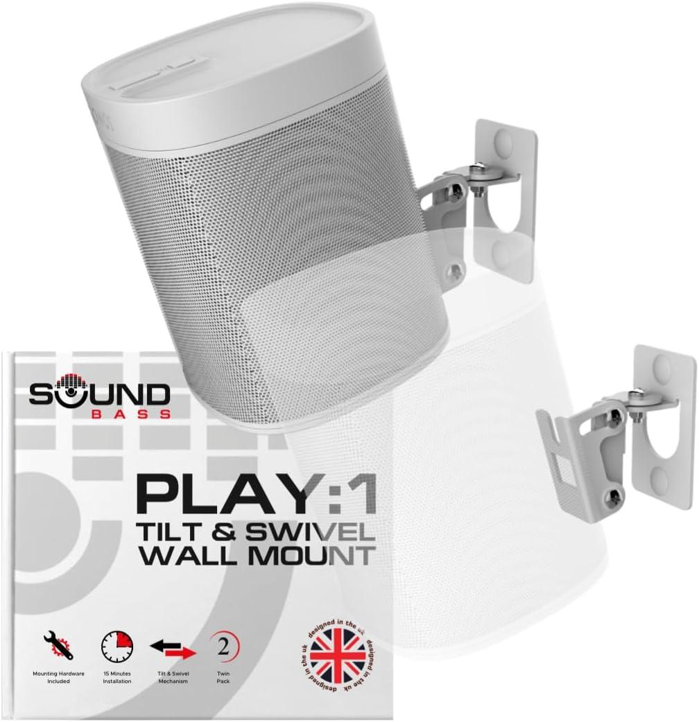 Sound Bass Play 1 Wall Mount, White, Pair, Compatible with Sonos Play:1 Only, Twin Pack, Adjustable Swivel & Tilt Mechanism, 2 Mounting Brackets Includes All Fixings