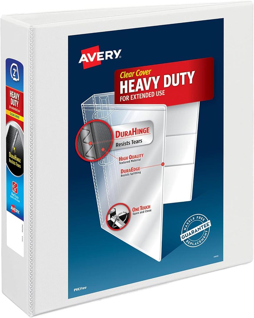 Avery Heavy-Duty View 3 Ring Binder, 2" One Touch Slant Rings, Holds 8.5" x 11" Paper, 1 White Binder (05504) (Regular)