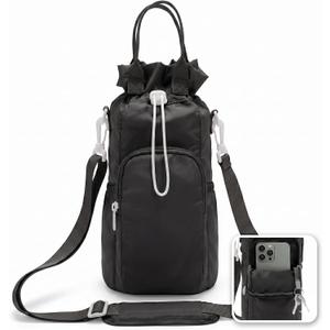 Large Water Bottle Holder with Strap - Crossbody Carrier Bag with Phone Pocket, Insulated Sling Purse - Black, 4.3 x 1.2 x 18.5 inch