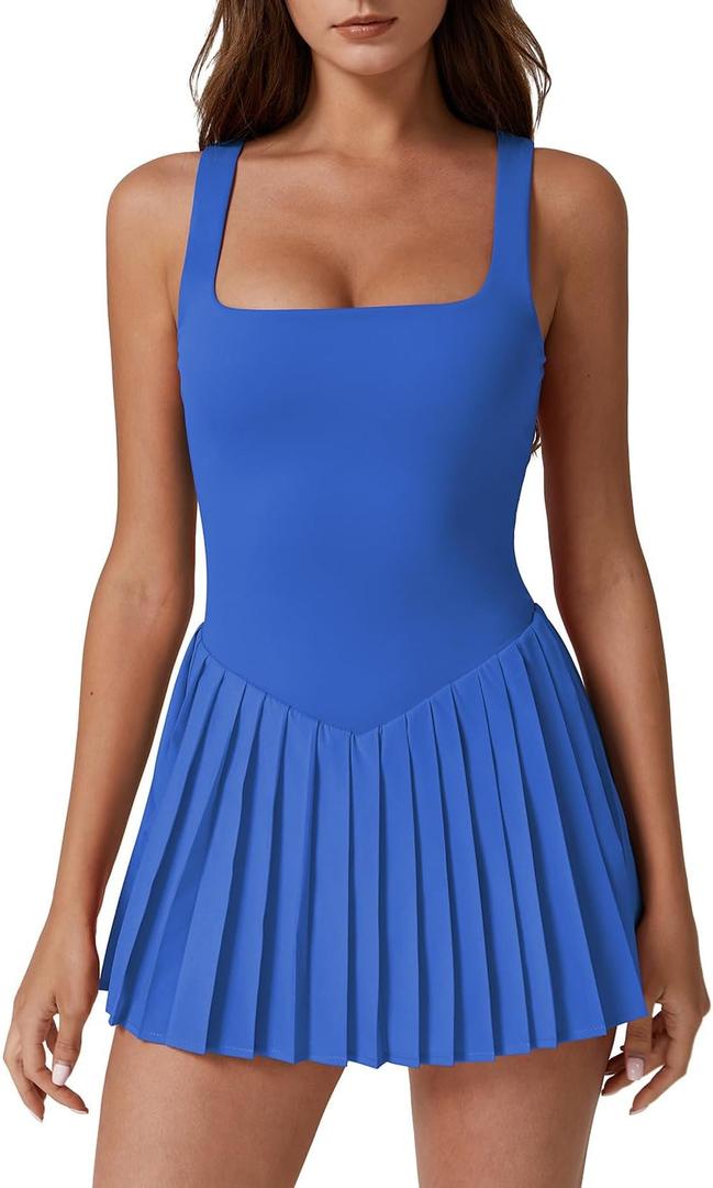 QINSEN Womens Square Neck Tennis Dress Pleated Sleeveless Built in Shorts Golf Athletic Dress with Pockets (X-Large, Sapphire)