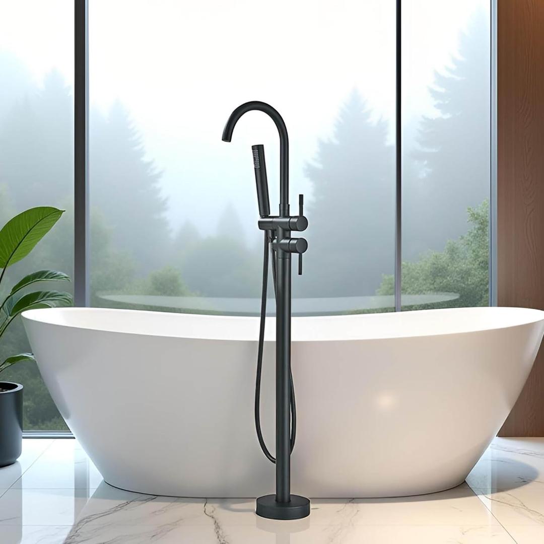 YAGATAP Freestanding Bathtub Faucet Floor Mount Tub Filler Matte Black High Flow Shower Faucets with Handheld Shower Mixer Taps Swivel Spout