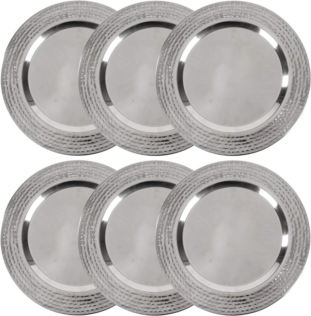 Stainless Charger Plate - 6 Pack - 13 inch Stainless Steel Chargers for Dinner Plates with Hammered Rim - Silver Charger Plates Set