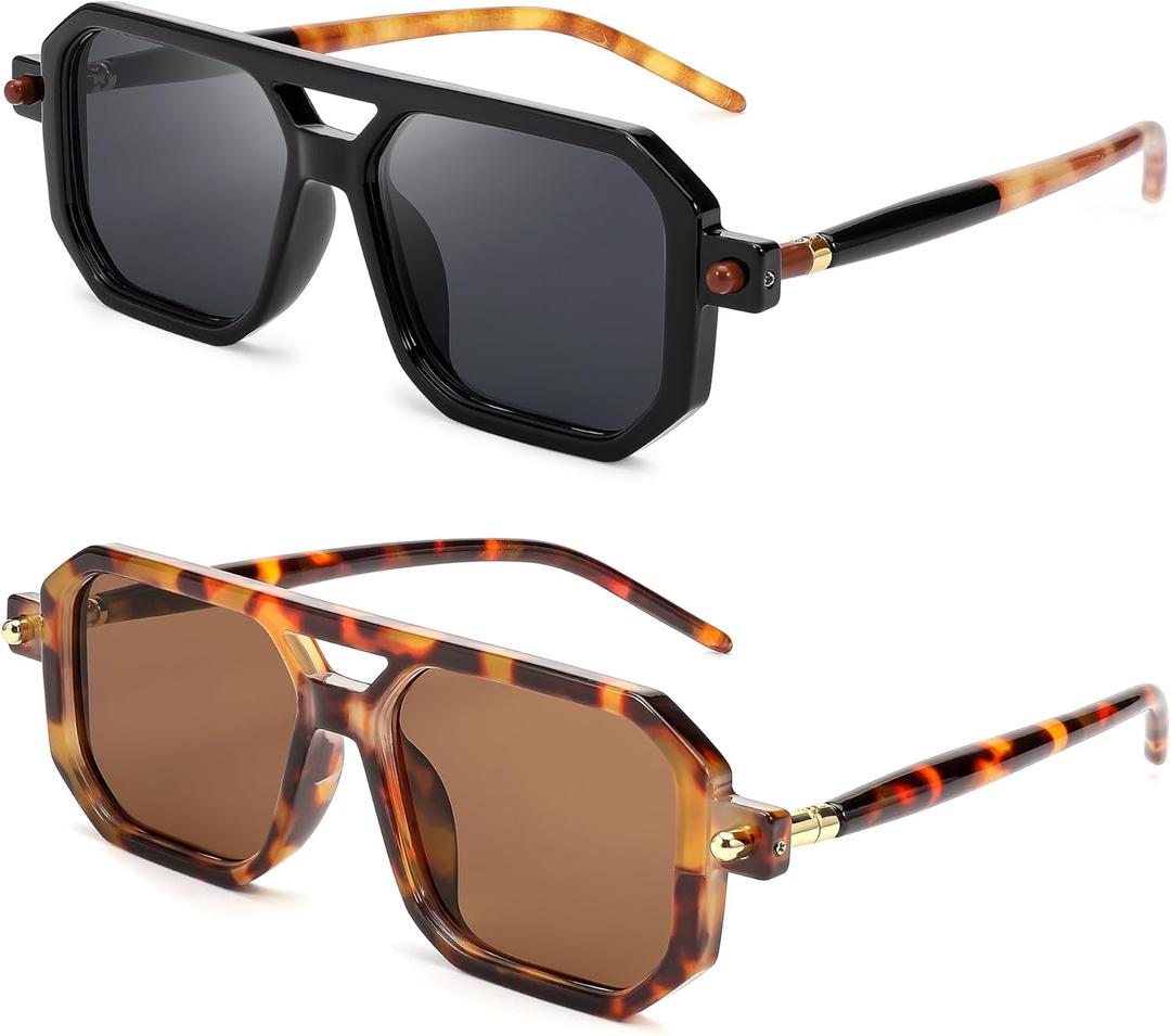 FEISEDY Vintage Square 70s Flat Aviator Sunglasses Women Men Classic Retro Stylish Frame UV400 Sunglasses B2622 (2 Pack Black/Grey + Leopard/Tea)