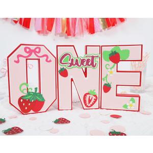 Strawberry 1st Birthday One Letter Sign - Wood One Letter Table Centerpiece for Strawberry 1st Birthday, Sweet One Birthday Party Decorations, Berry Sweet First Birthday Decor