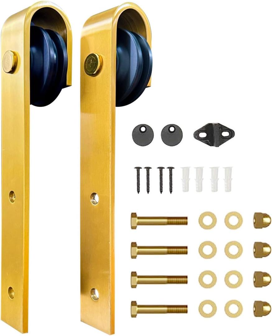 Rio Salto Brushed Brass Gold Barn Door Rollers  Extra Sliding Barn Door Hardware Kit for Interior Closet Pantry Doors  Fits 1 3/8" & 1 3/4" Panels, Supports 170 lbs  Track Not Included (Set of 2)