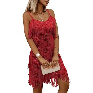Womens Sequin Tassel Fringe Party Dress Sleeveless Spaghetti Straps Flapper Dresses Cocktail Mini Dresses. Size XL