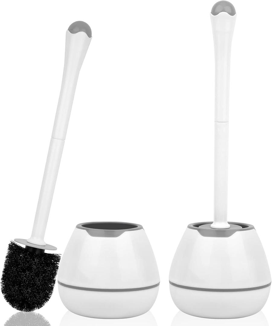 Toilet Bowl Brush and Holder, 2 Pack with Long Handle, Plastic Holder Easy to Hide, Drip-Proof, Deep Cleaning (White)