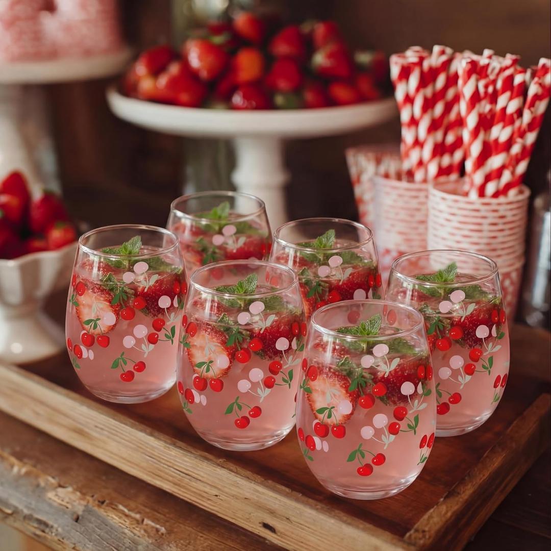 Maxcheck 6 Pcs Cherry Glass Set 18 oz Summer Stemless Glasses with Red Cherry Designs for Summer Wedding Birthday Present Holiday Party Gift