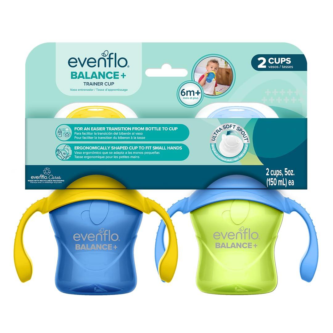 Evenflo Balance+ Trainer Cups for Baby, Blue and Green with Ergonomic Handles, 5oz, 2 Pack, Ultra Soft Spout, 6+ Months