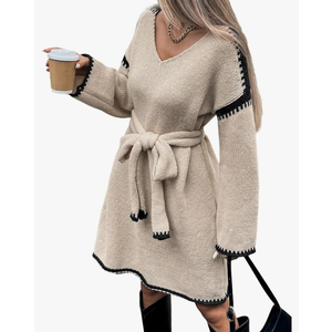 Womens Color Block Sweater Dress with Belt, Rolled Hem, Long Sleeve, V Neck, Knee Length, A Line, Oversized Knit Dress Fall (Size Small)