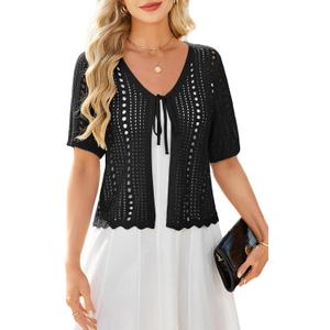 Yekaty Crochet Cardigans for Women Cropped Short Sleeve Tie Front Cardigan Lightweight Bolero Shrug Sweaters (Black, XXL)