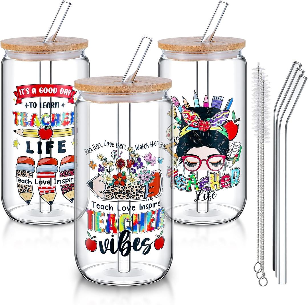3 Pcs Teacher Gifts for Her Teacher Glass Cups with Lids and Straws 16 oz Clear Drinking Glasses Tumbler Iced Coffee Glass Cups for Teachers Appreciation Gift