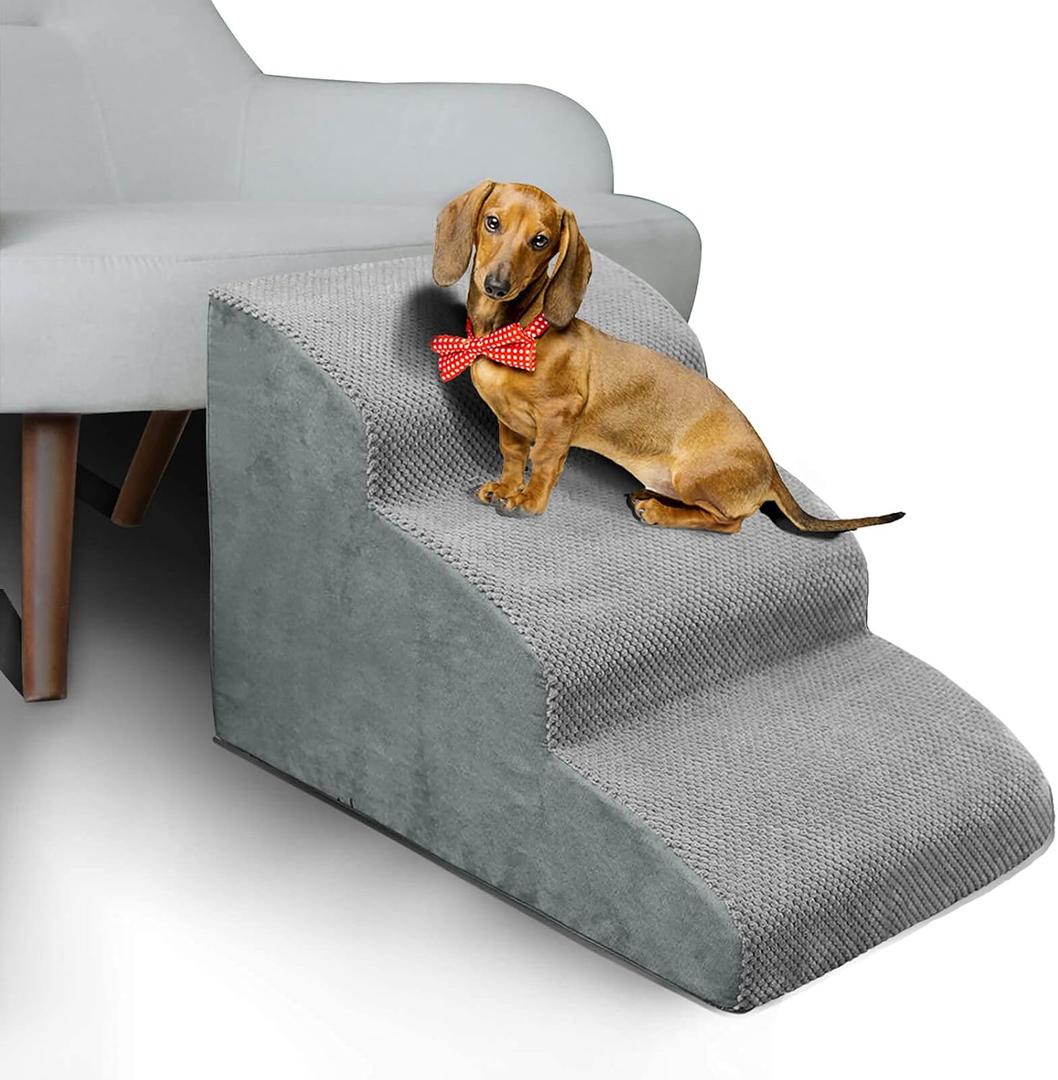 3 Steps High Density Foam Dog Stairs Ramps,Non-Slip Pet Steps for Older Dogs,Pet with Joint Pain, Sofa Bed Ladder for Cats, Gray