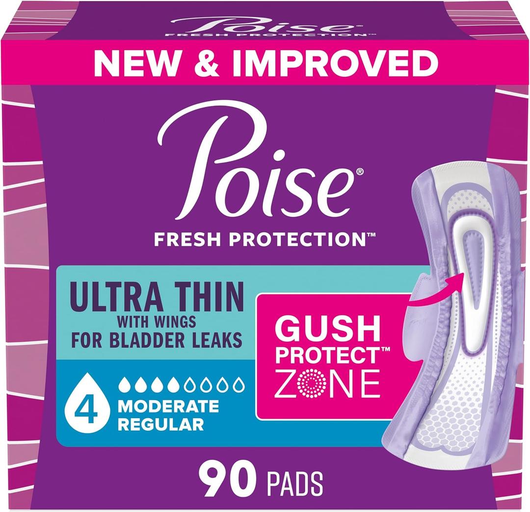 Poise Ultra Thin Incontinence & Postpartum Pads with Wings for Bladder Leaks, 4 Drop Moderate Absorbency, Regular Length, 90 Count