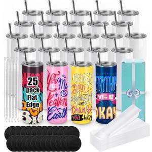 Joyclub 25 Pack Sublimation Tumblers 20 oz Sublimation Blanks Skinny Straight Flat Edge Tumbler Bulk with Lid and Straw White Cups for Heat Press