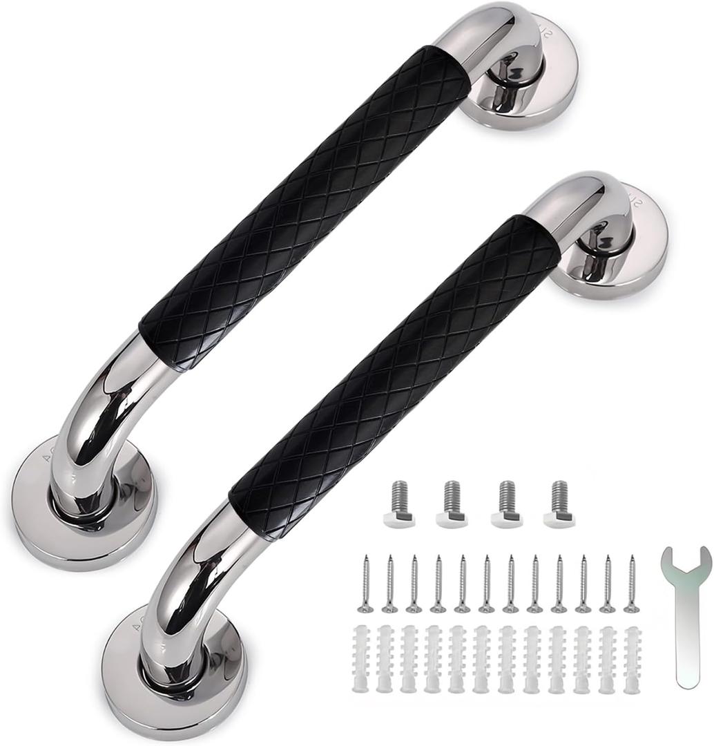 12 Inch Grab Bars for Bathtubs and Showers,Stainless Steel Bathroom Safety Handrail with Black Grip for Elderly, Seniors, Handicap，Wall Mounted, Waterproof Slip-Proof