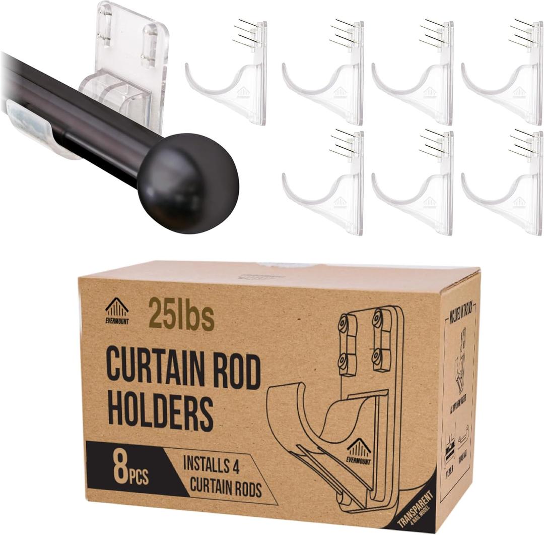 8pcs Heavy Duty Curtain Rod Holders with Wide Hook, 5X Stronger Than Adhesive Curtain Rod Hooks, 25 LBS Tension Curtain Rod Bracket for Wall with Level and Pin Guide, Curtain Wall Mount