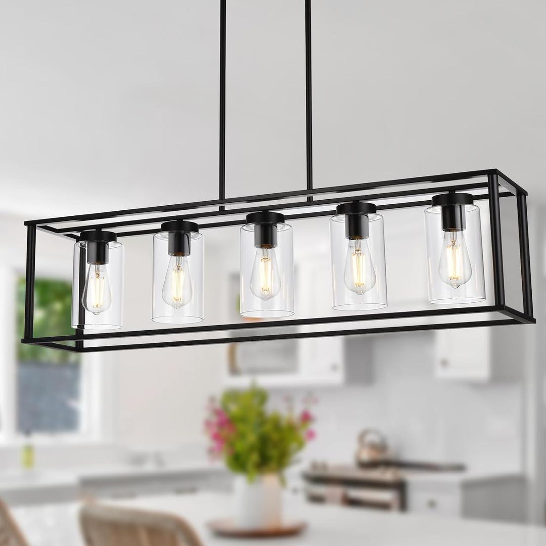 Farmhouse Chandeliers Rectangle Black 5 Light Dining Room Lighting Fixtures Hanging, Kitchen Island Cage Pendant Lights Contemporary Modern Ceiling Light with Glass Shade Adjustable Rods